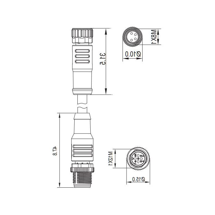 M8 4Pin 母头直型转M12 4Pin 公头直型、双端预铸防焊渣PUR柔性电缆、橙色护套、63T261-XXX