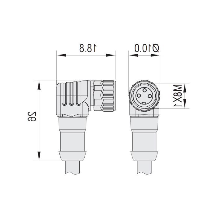  M8 3Pin、母头90°、单端预铸电缆、防焊渣PUR材质、橙色护套、63T021-XXX