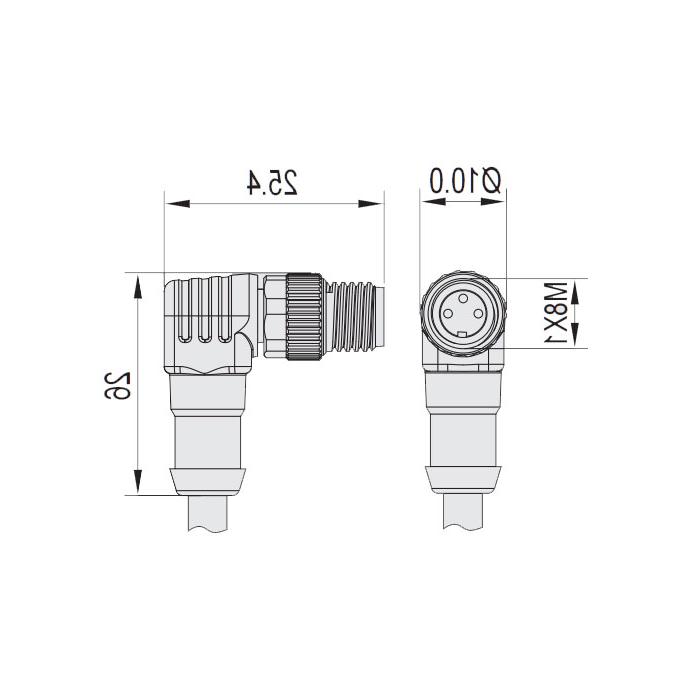  M8 3Pin、公头90°、单端预铸电缆、防焊渣PUR材质、橙色护套、63T541-XXX