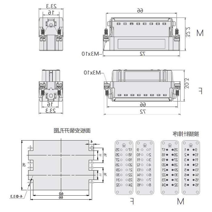 公芯件、弹片压接/快速压接、适配H32A外壳、HAS-016-M (1-16) / HAS-016-MD (17-32)、09200162633/09200162634